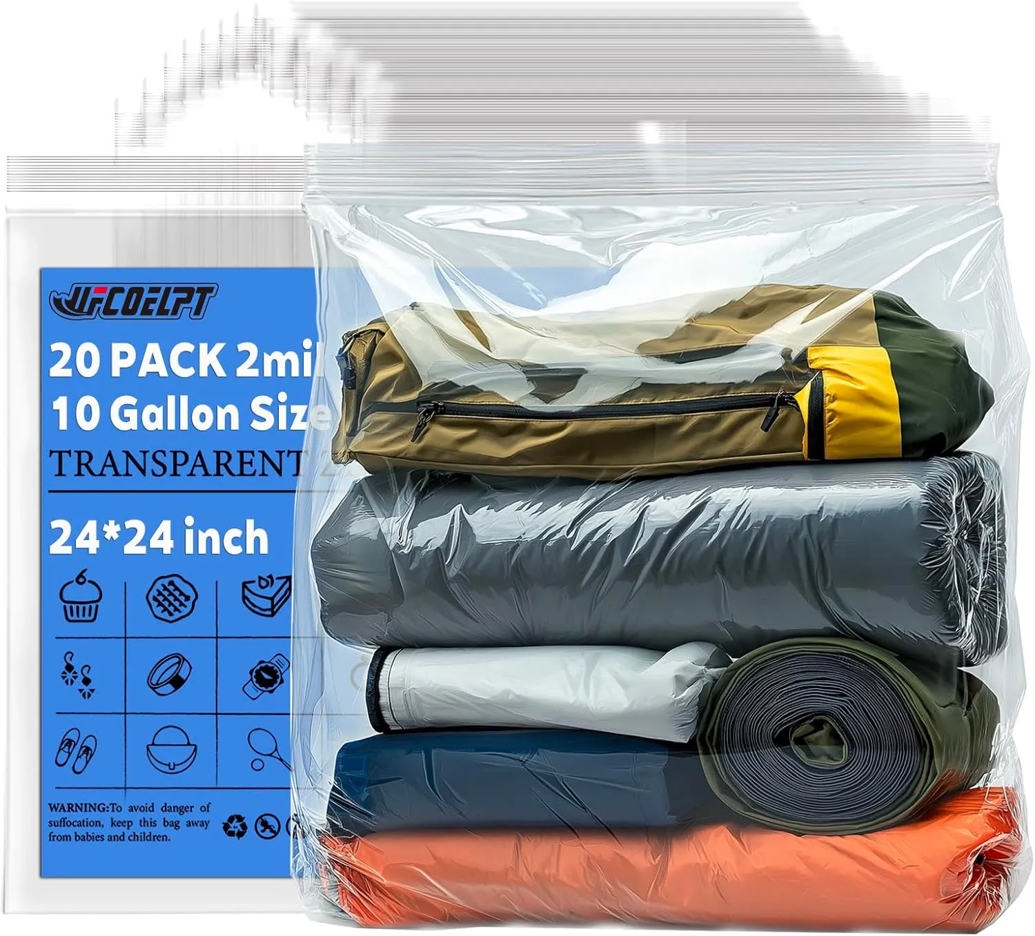 10 Gallon Extra-Large Clear Plastic Bags with Zipper Top, 24" x 24", 20 Count - Heavy Duty Thick, BPA-Free Storage Bags for Clothes, Travel, and Moving