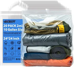 10 Gallon Extra-Large Clear Plastic Bags with Zipper Top, 24" x 24", 20 Count - Heavy Duty Thick, BPA-Free Storage Bags for Clothes, Travel, and Moving