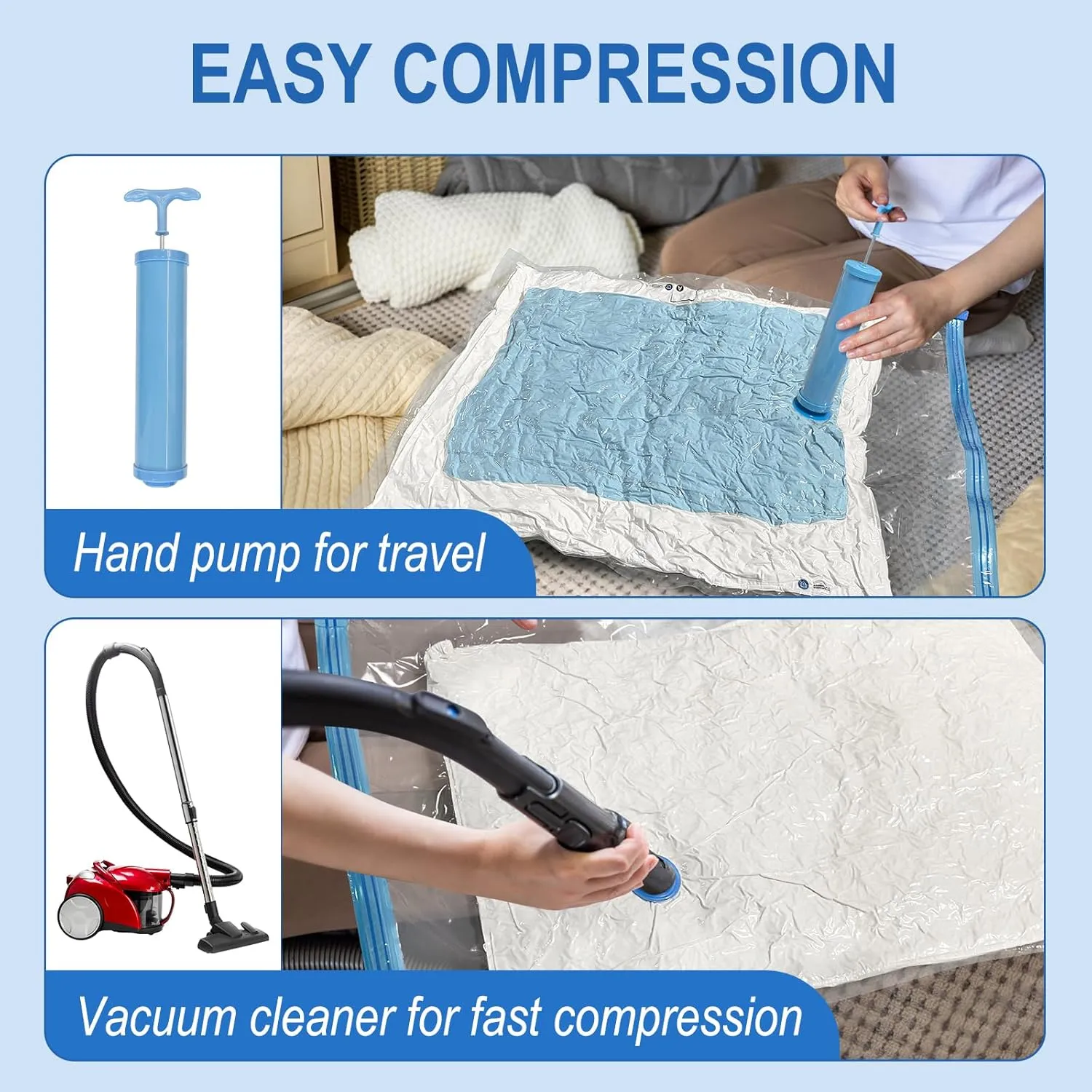 10 Pack Jumbo Vacuum Storage Bags with Hand Pump, Plastic Packaging Bags, 80% Space Saver Vacuum Seal Bags for Clothing, Travel Lugggage, Blankets, Comforters