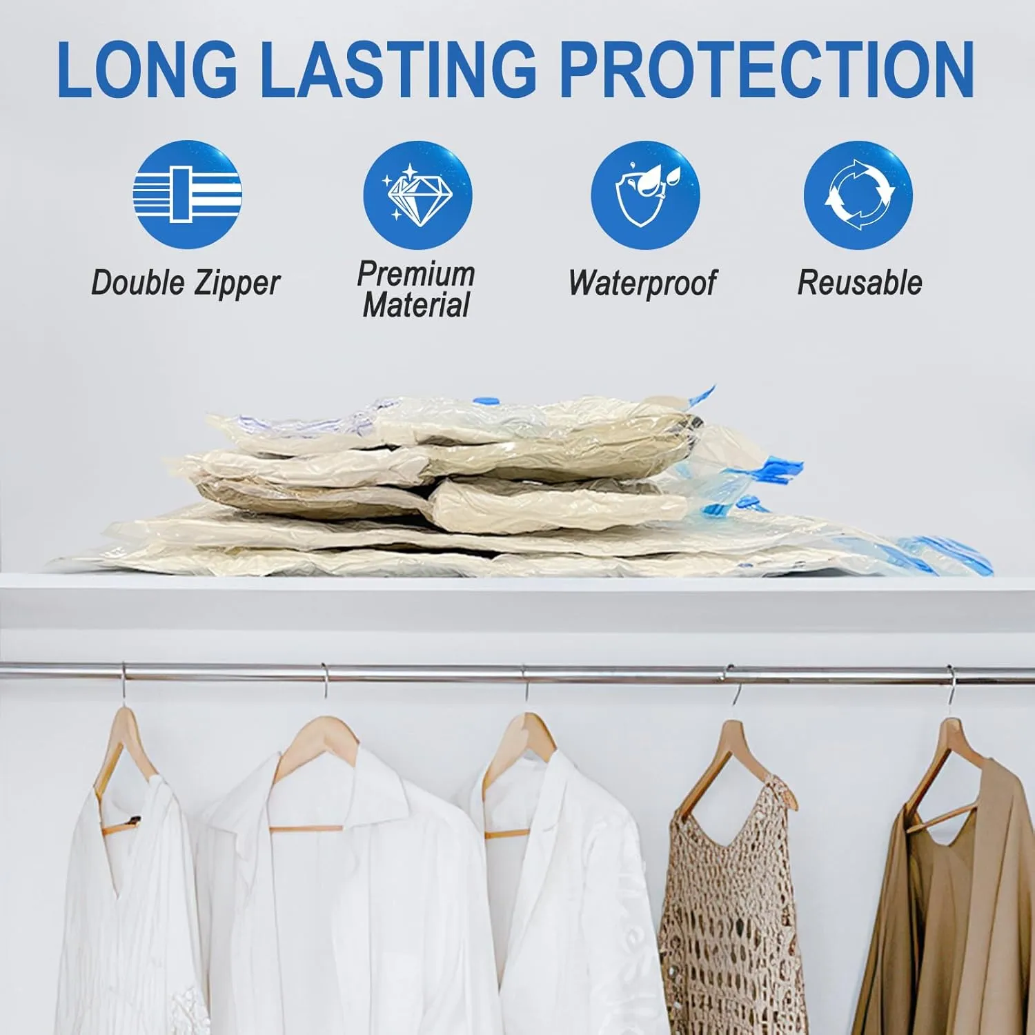 10 Pack Jumbo Vacuum Storage Bags with Hand Pump, Plastic Packaging Bags, 80% Space Saver Vacuum Seal Bags for Clothing, Travel Lugggage, Blankets, Comforters