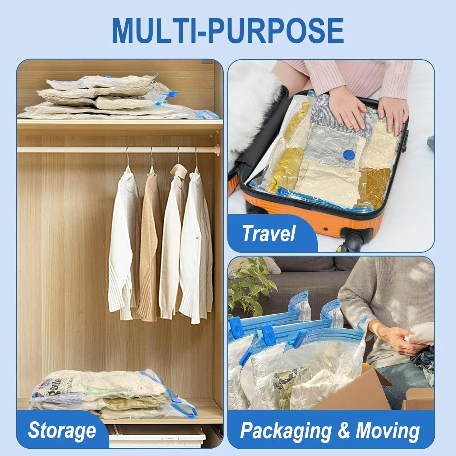10 Pack Jumbo Vacuum Storage Bags with Hand Pump, Plastic Packaging Bags, 80% Space Saver Vacuum Seal Bags for Clothing, Travel Lugggage, Blankets, Comforters