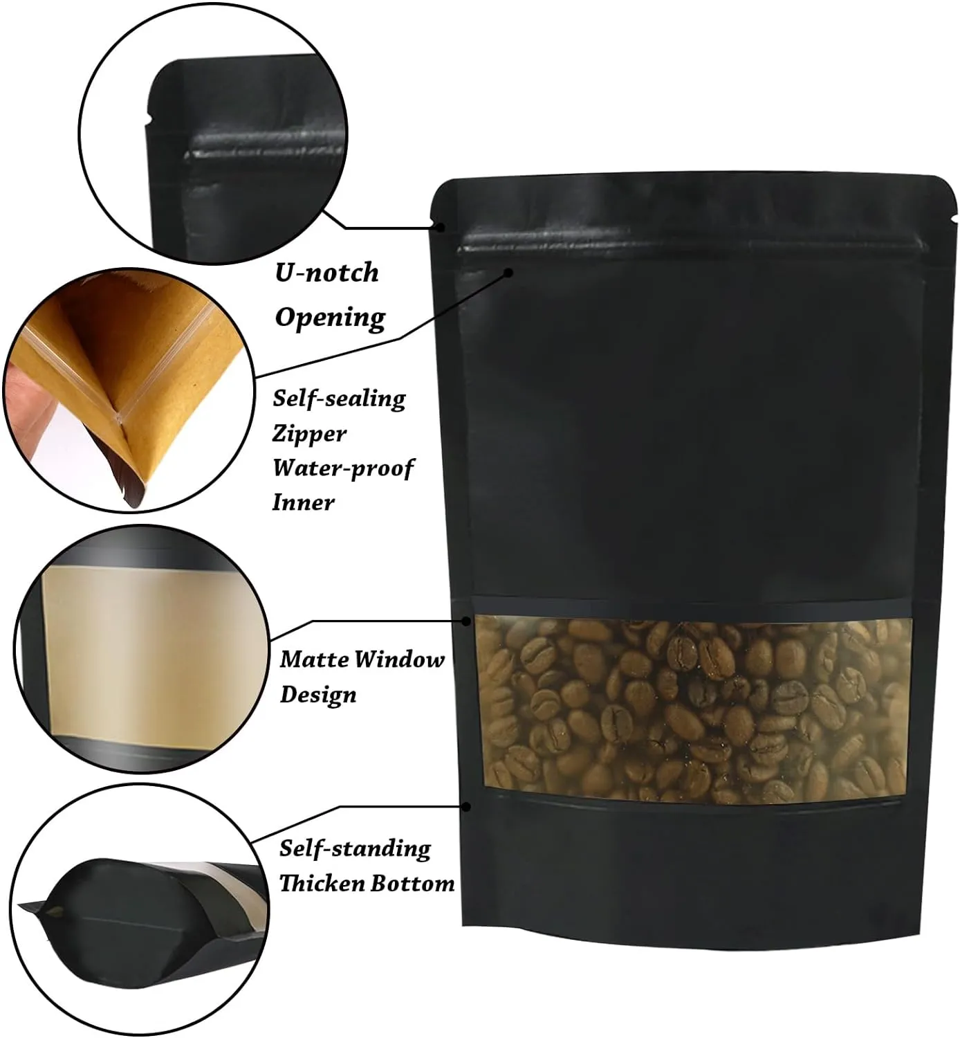 100 PCS Resealable Stand Up Kraft Paper Bags With Matte Window, Zipper Lock for Food Storage, Small Business and Home, 6.29 * 9.44 Inch Reusable Sealable Packaging - Black