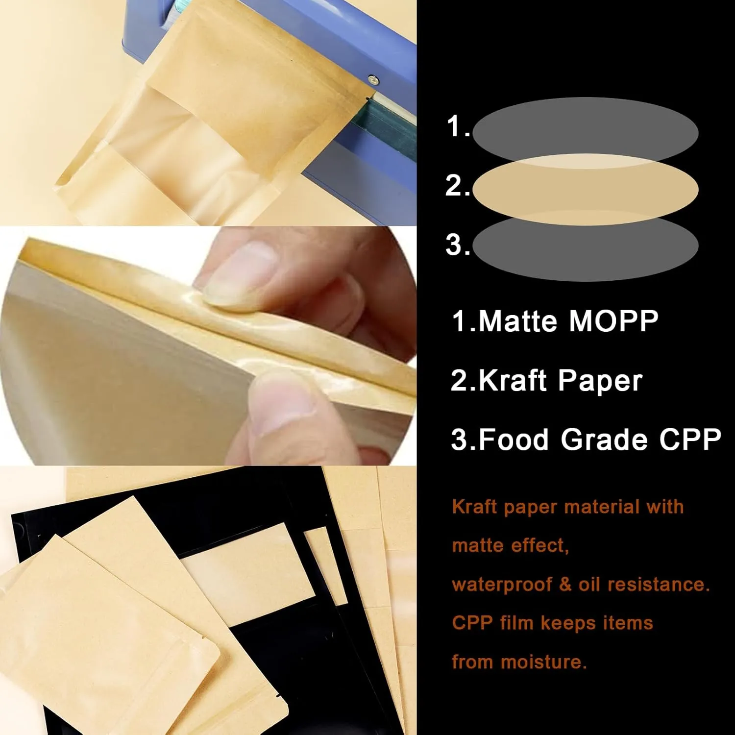 100 PCS Resealable Stand Up Kraft Paper Bags With Matte Window, Zipper Lock for Food Storage, Small Business and Home, 6.29 * 9.44 Inch Reusable Sealable Packaging - Black