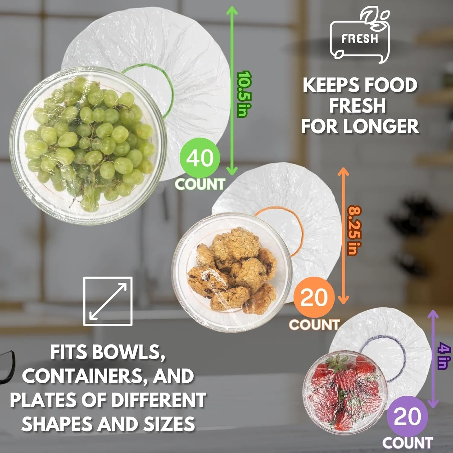 100 Reusable Food Covers - Plastic Bowl Covers Elastic Reusable - Food Cover, Bowl Covers, Reusable Bowl Covers for Bread Proofing, Plate Covers for Food - Stretchable Wraps in 3 Size