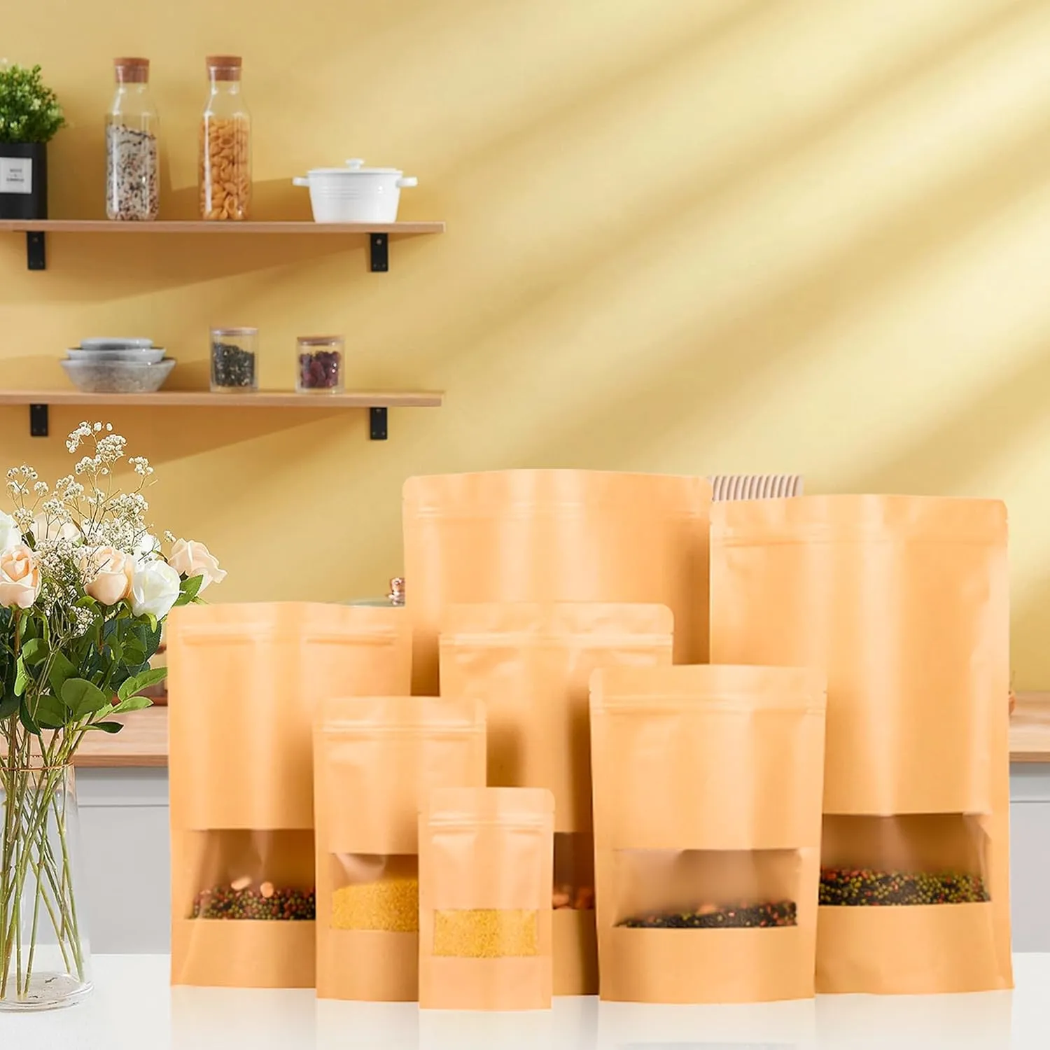 100PCS Kraft Paper Bags with Window(5.5" X 7.9"), Resealable Paper Bags for Food Storage, Stand Up Treat Bag Reusable for Candy, Cookie, Heat Seal Paper Bag for Small Business