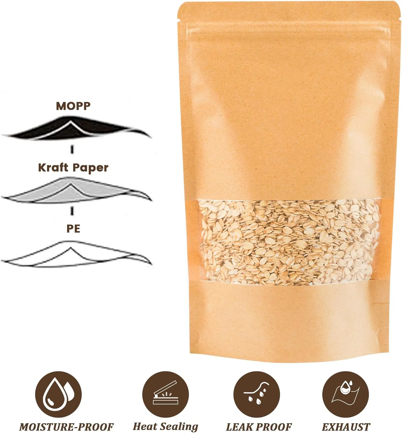 100PCS Kraft Paper Bags with Window(5.5" X 7.9"), Resealable Paper Bags for Food Storage, Stand Up Treat Bag Reusable for Candy, Cookie, Heat Seal Paper Bag for Small Business