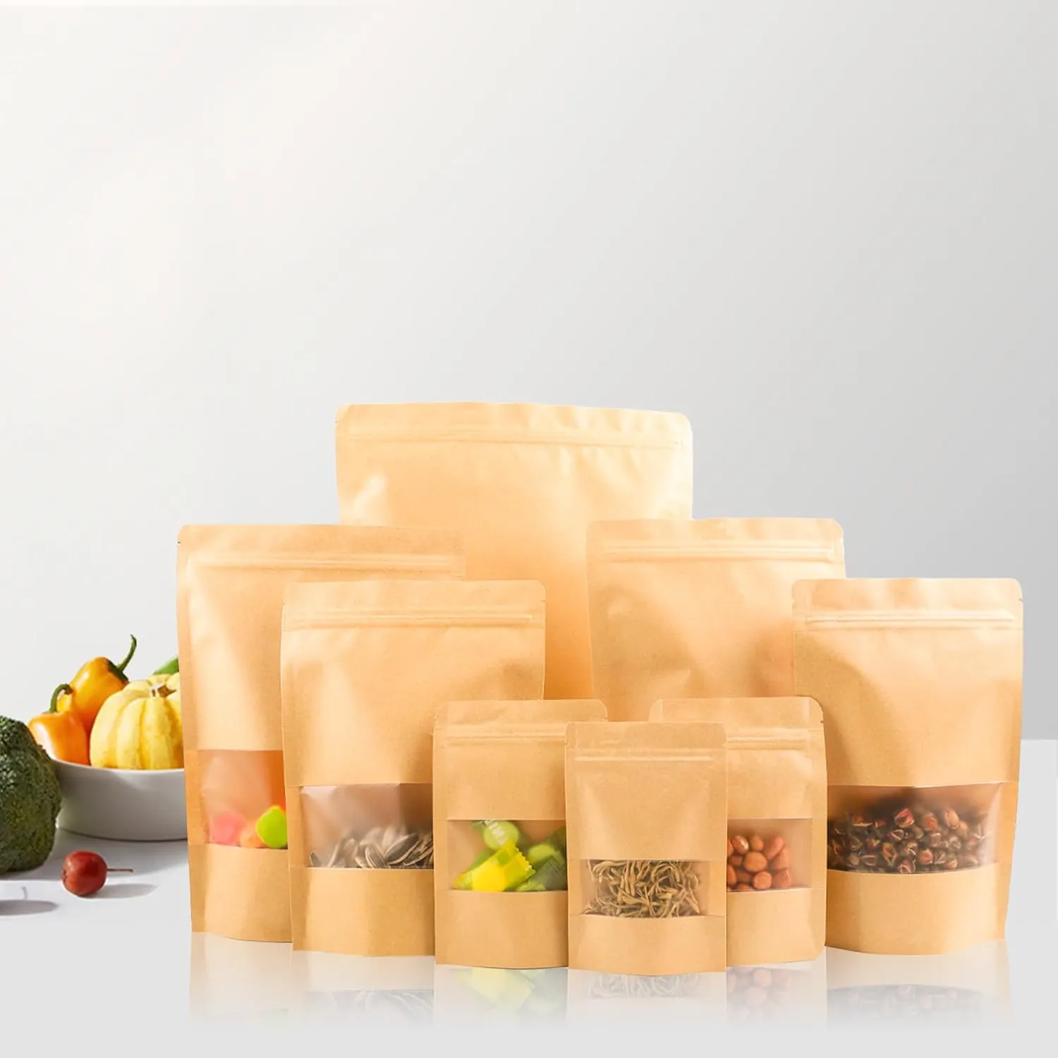 100PCS Kraft Paper Bags with Window(5.5" X 7.9"), Resealable Paper Bags for Food Storage, Stand Up Treat Bag Reusable for Candy, Cookie, Heat Seal Paper Bag for Small Business