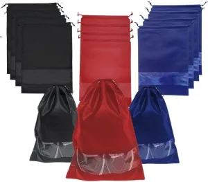 12 Pcs Shoe Bags for Travel, Packing, Storage & Organizing. Reusable Dust-Proof & Water Resistant Shoe Pouch Protector with Clear Transparent Window & Drawstrings. (Red   Blue   Black)