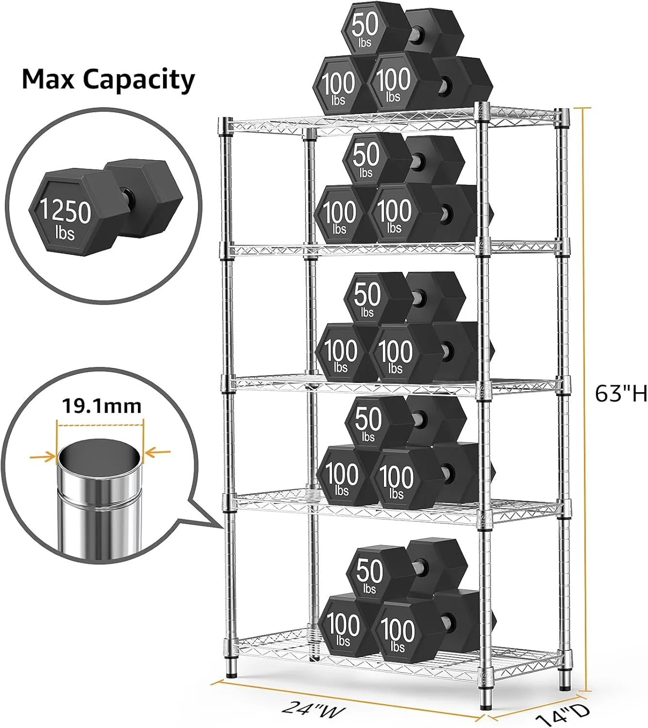 1250 lbs Steel Heavy Duty 5-Tier Utility Shelving Unit Steel Organizer Wire Rack for Home,Kitchen,Office,Chrome (13.7" D x 23.6" W x 62.4" H)