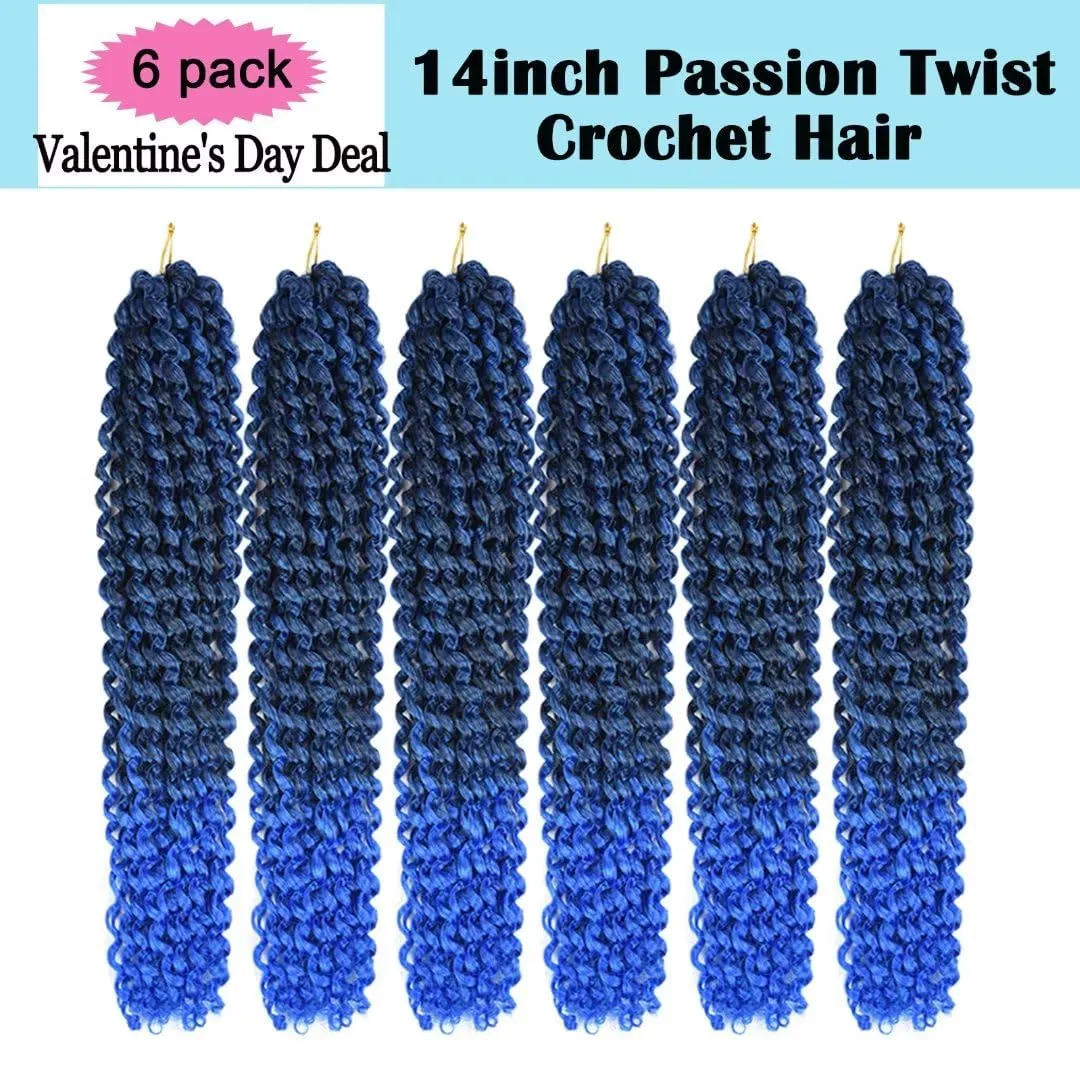 14inch Blue Water Wave Crochet Hair for Butterfly Soft Locs 6 Packs Ombre Blue Passion Twists Hair Synthetic Crochet Hair Passion Twist Bohemian Locs Braiding Hair Extensions (14" 6packs T1B/Blue#)