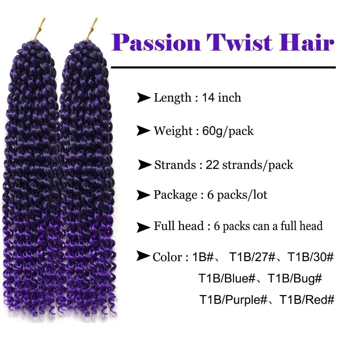 14inch Purple Water Wave Crochet Hair 6 Packs Ombre Passion Twists Crochet Hair for Butterfly Soft Locs Passion Twist Synthetic Crochet Hair Bohemian Locs Braiding Hair(14inch T1B/Purple#)