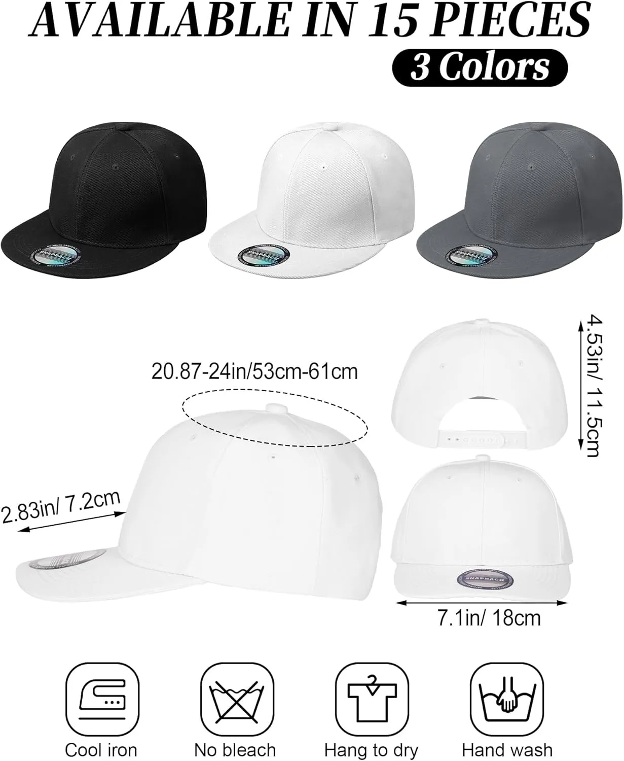 15 Pack Snapback Hats for Men Hip Hop Style Solid Baseball Hats Adjustable Snapback Cap Flat Brim Baseball Caps