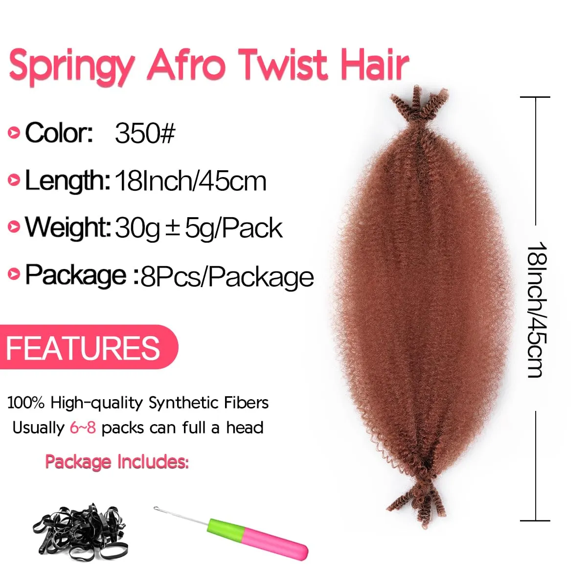 18 Inch Spring Twist Hair Pre Fluffed Afro Twist Hair 8Packs Marley Twist Braiding Hair for Women (18 Inch,8Pack,#350)