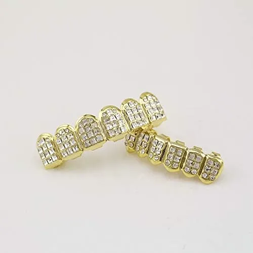 18K Gold and Silver Plated Iced Out CZ Diamond Top and Bottom Grills for Your Teeth Men Women Hip Hop Jewelry