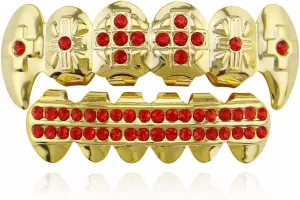 18K Gold Plated Hip Hop Grillz CZ Top and Bottom Grills for Your Teeth with Red Diamond