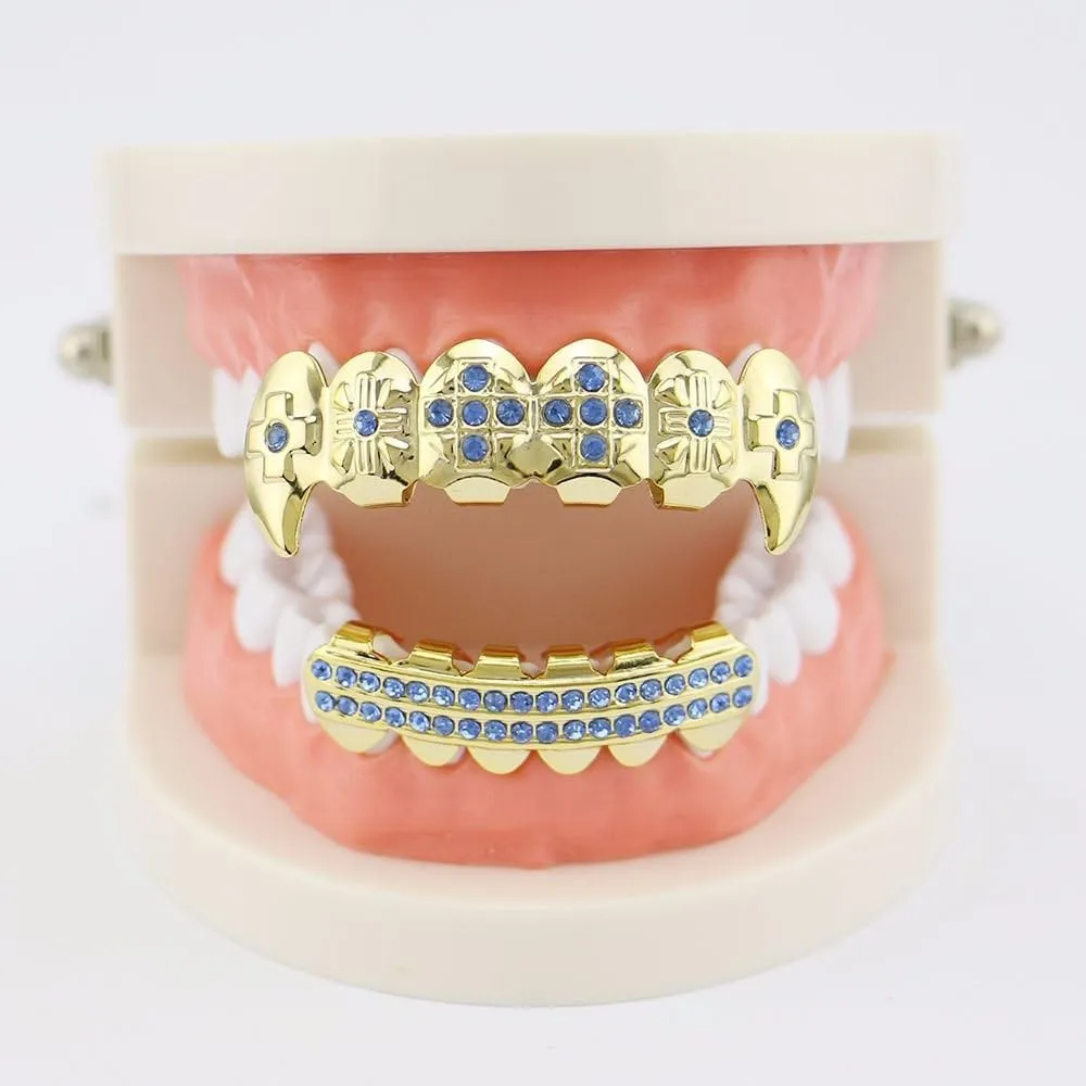 18K Gold Plated Hip Hop Grillz CZ Top and Bottom Grills for Your Teeth with Red Diamond
