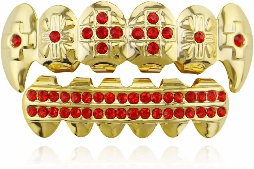 18K Gold Plated Hip Hop Grillz CZ Top and Bottom Grills for Your Teeth with Red Diamond