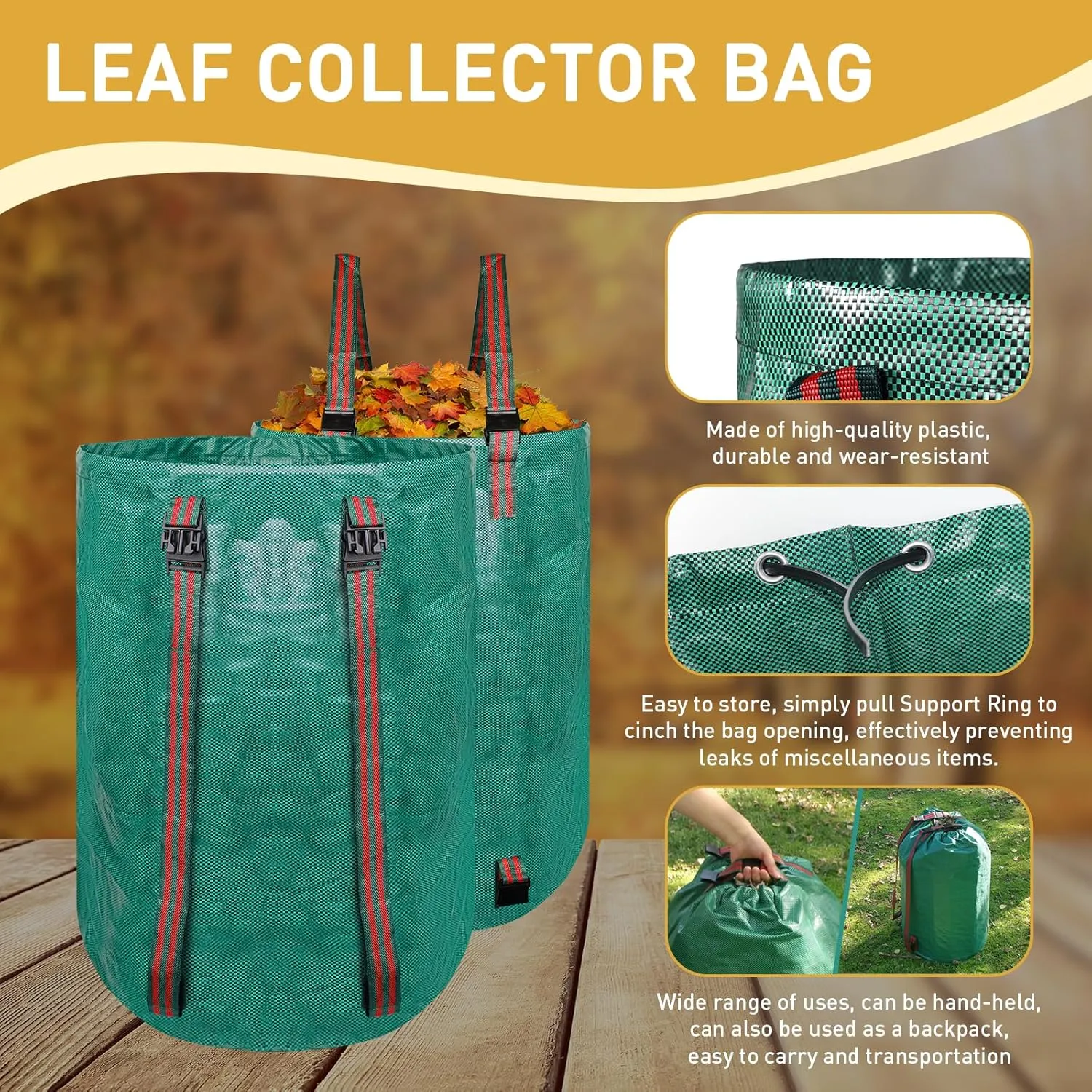 2-in-1 Leaf Collection Bag, 72 Gallon Large Capacity Yard Waste Bag, Reusable Leaf Bag with Padded Shoulder Strap & Locking Drawstring, Comes with Work Gloves - Ideal for Big Yard Maintenance