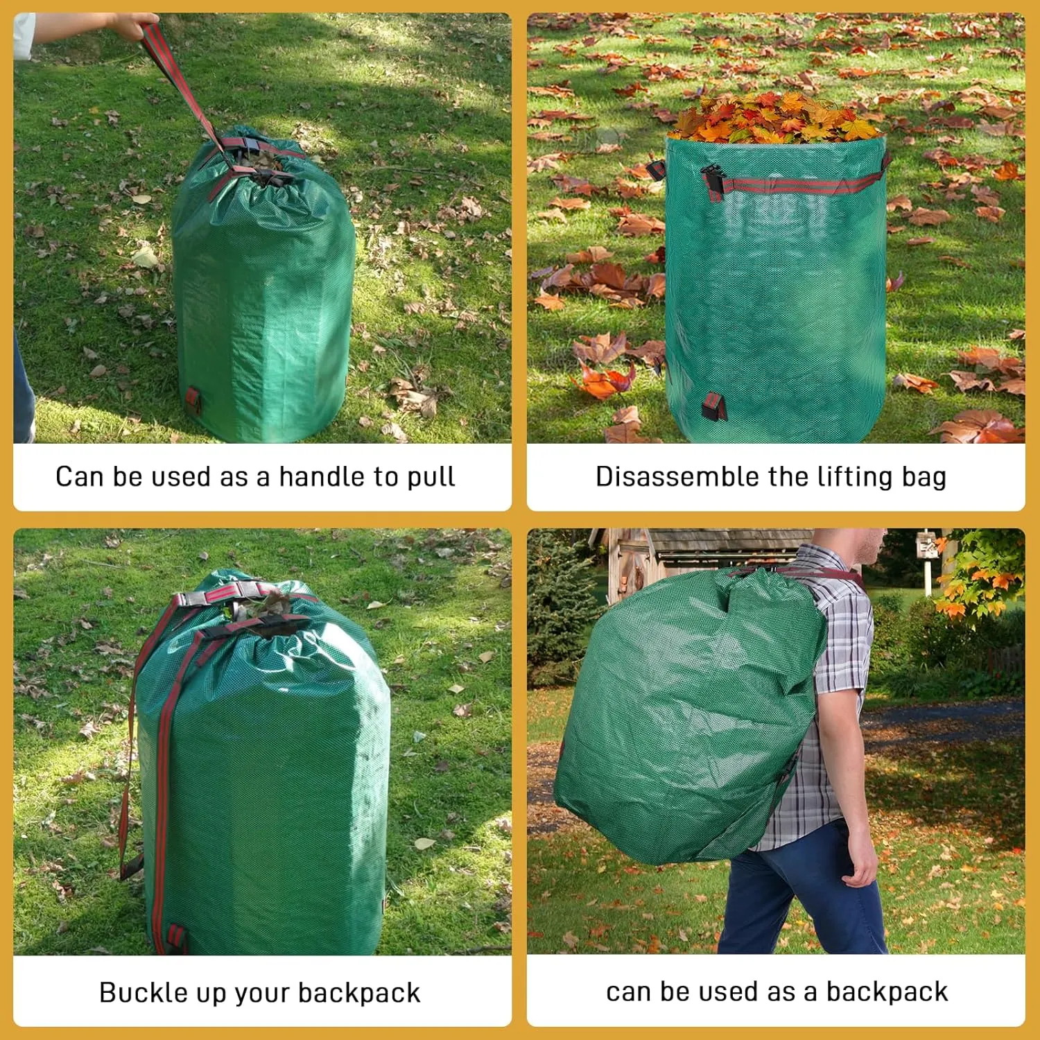 2-in-1 Leaf Collection Bag, 72 Gallon Large Capacity Yard Waste Bag, Reusable Leaf Bag with Padded Shoulder Strap & Locking Drawstring, Comes with Work Gloves - Ideal for Big Yard Maintenance