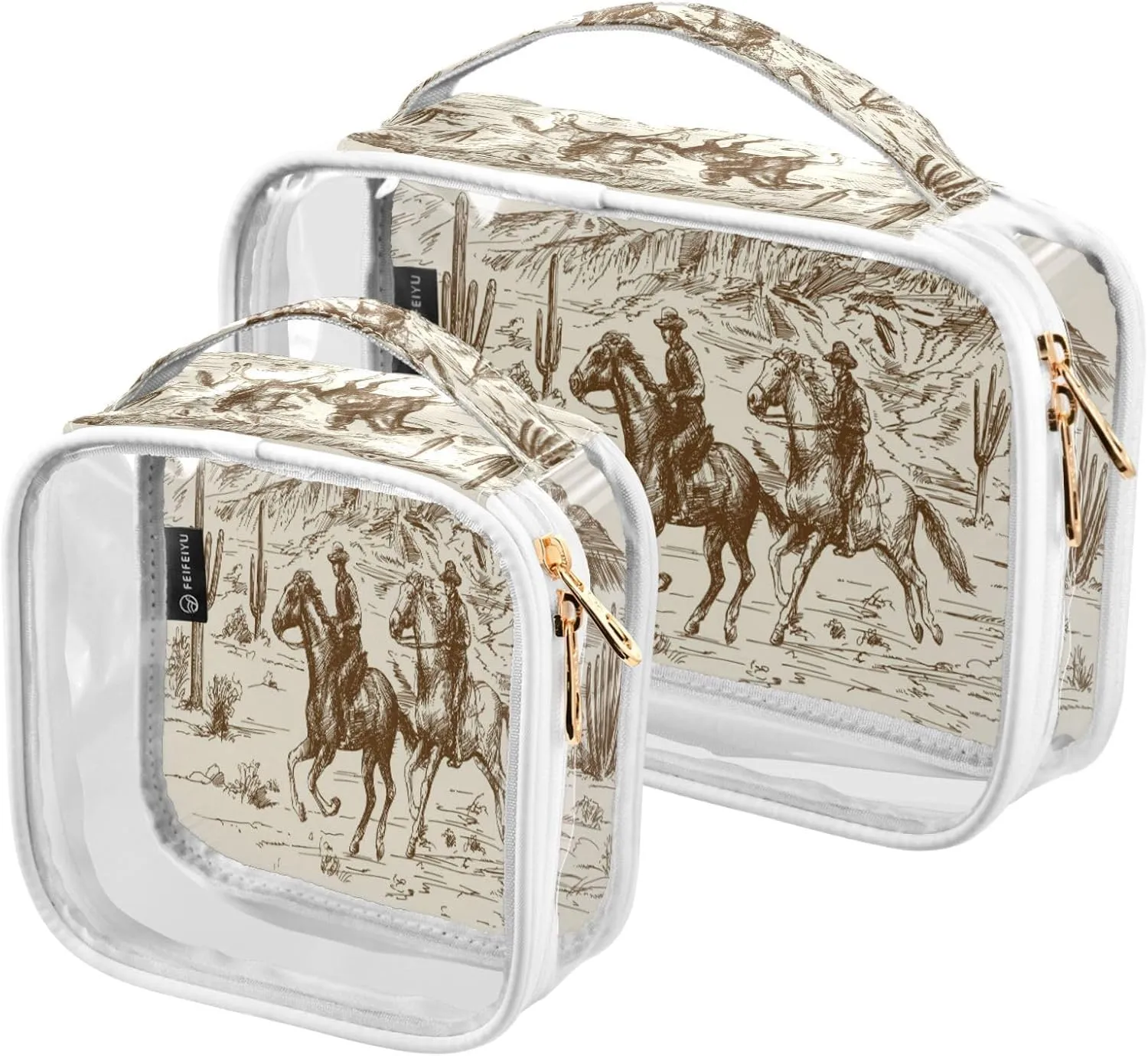 2 Pack Clear Makeup Bag, Western Desert Cow Mexican Horse Car Pouches For Organization Waterproof Travel Toiletry Bags For Women Girl