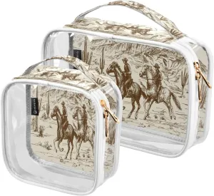 2 Pack Clear Makeup Bag, Western Desert Cow Mexican Horse Car Pouches For Organization Waterproof Travel Toiletry Bags For Women Girl