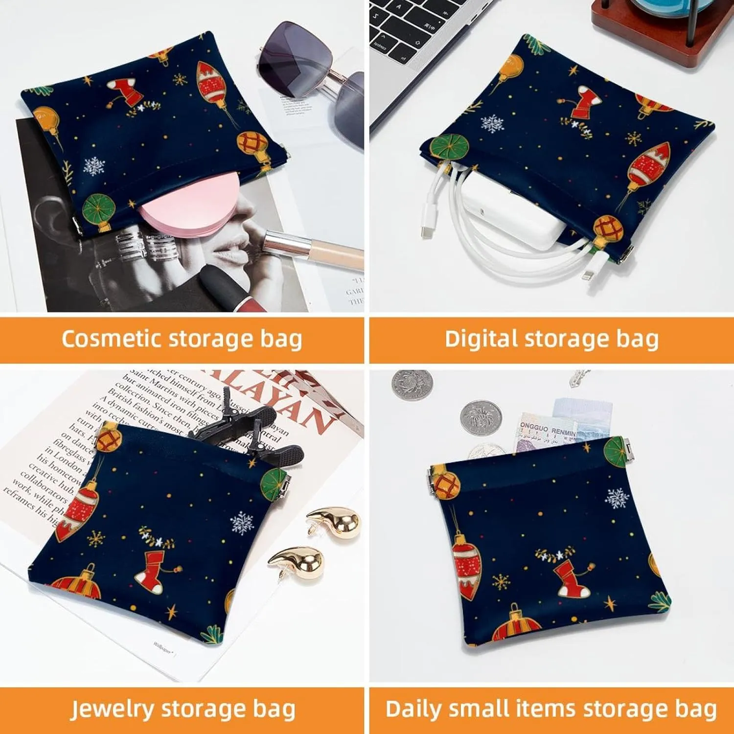 2 Pack Faux Leather Pocket Cosmetic Bag, Small Storage Bags for Purses, Self-Closing Makeup Pouch for Women, Mini Pocket Makeup Bag for Lipstick, Christmas Elk Santa Claus Cartoon