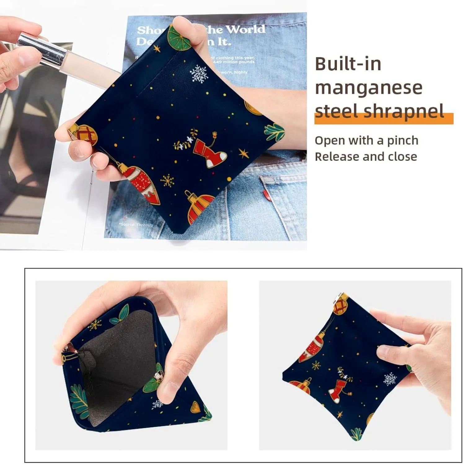 2 Pack Faux Leather Pocket Cosmetic Bag, Small Storage Bags for Purses, Self-Closing Makeup Pouch for Women, Mini Pocket Makeup Bag for Lipstick, Christmas Elk Santa Claus Cartoon