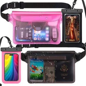 2 Packs Universal Waterproof Phone Pouch and 2packs Large Phone Waterproof Dry Waist Pack IPX8 Outdoor Hiking Beach Water Sports Floating Swimming Boating Kayaking Fishing(Black and pink)