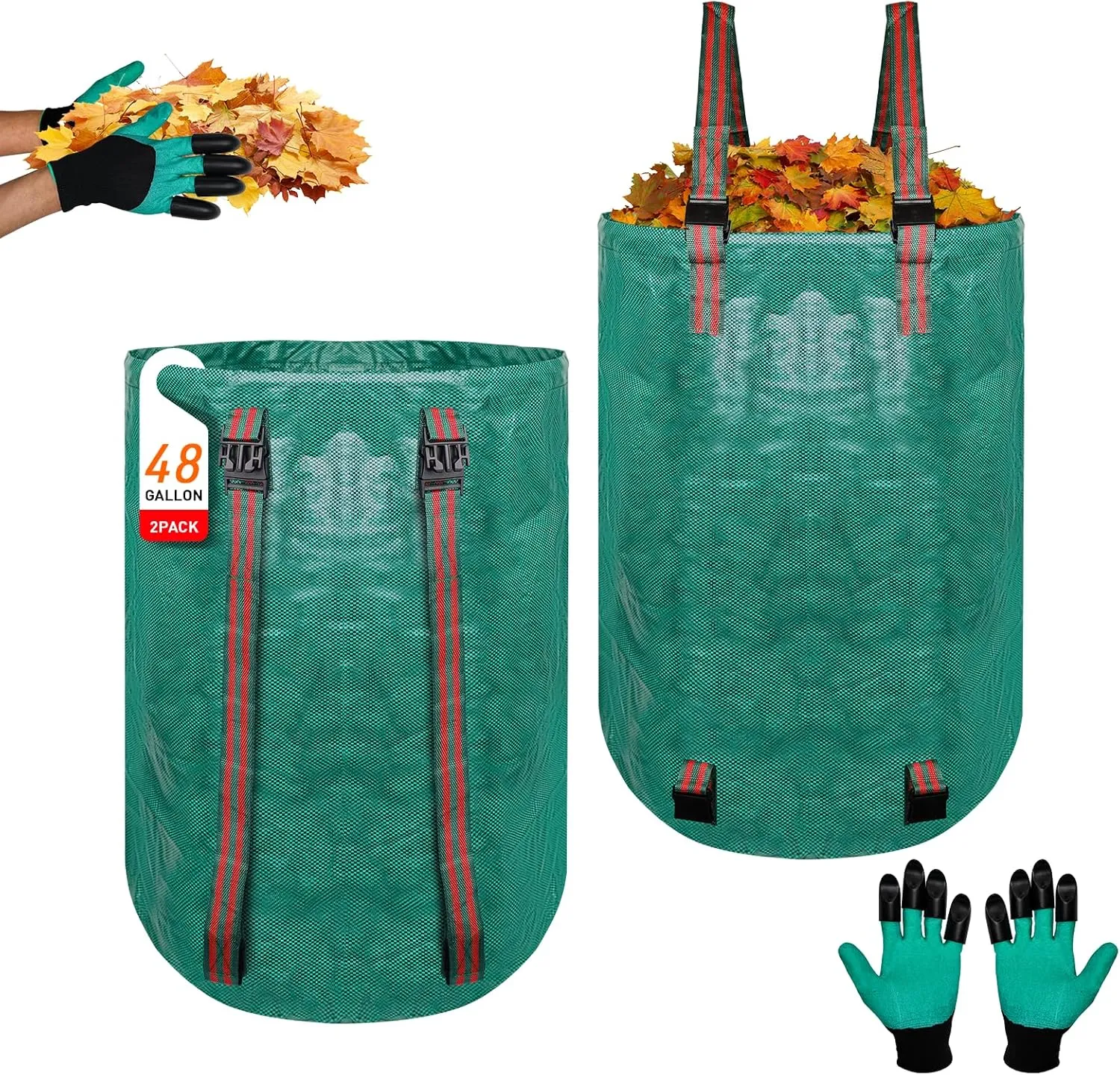 2 PCS 48 Gallon Leaf Collection Bags, Reusable Yard Waste Bags Set with Shoulder Straps & Drawstrings, Includes Gardening Gloves, for Efficient Leaf Removal and Lawn Cleanup