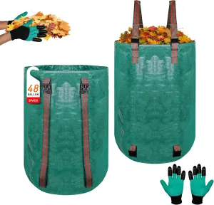 2 PCS 48 Gallon Leaf Collection Bags, Reusable Yard Waste Bags Set with Shoulder Straps & Drawstrings, Includes Gardening Gloves, for Efficient Leaf Removal and Lawn Cleanup