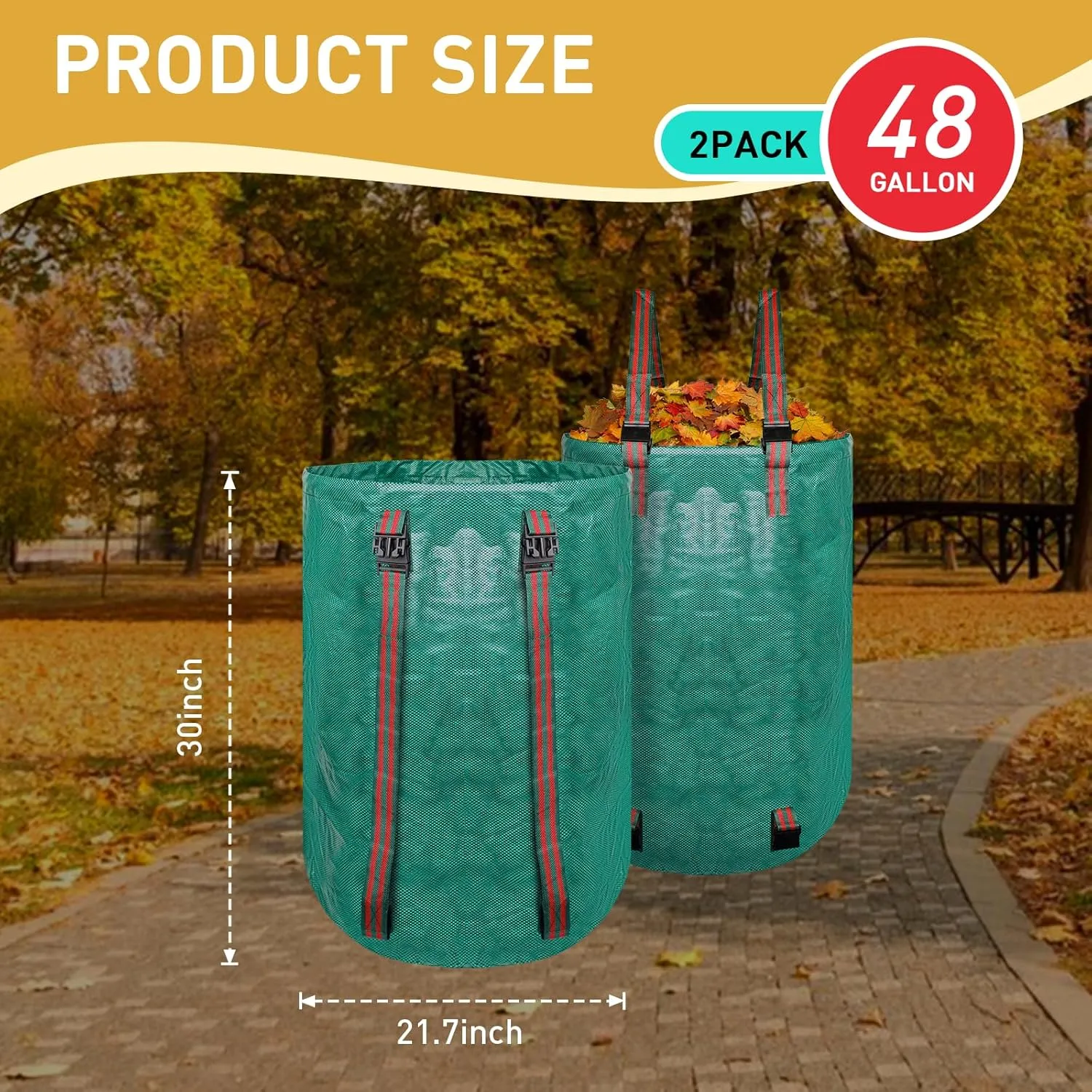 2 PCS 48 Gallon Leaf Collection Bags, Reusable Yard Waste Bags Set with Shoulder Straps & Drawstrings, Includes Gardening Gloves, for Efficient Leaf Removal and Lawn Cleanup