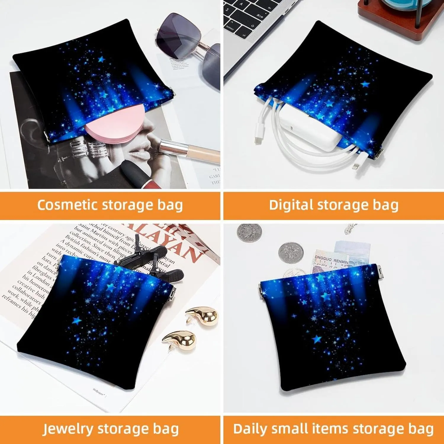2 PCS Faux Leather Pocket Cosmetic Bag, Small Travel Kit Storage Pouch, Mini Portable Cosmetic Bags for Women, Mini Travel Storage for Cosmetics, Christmas Happy New Year Blue