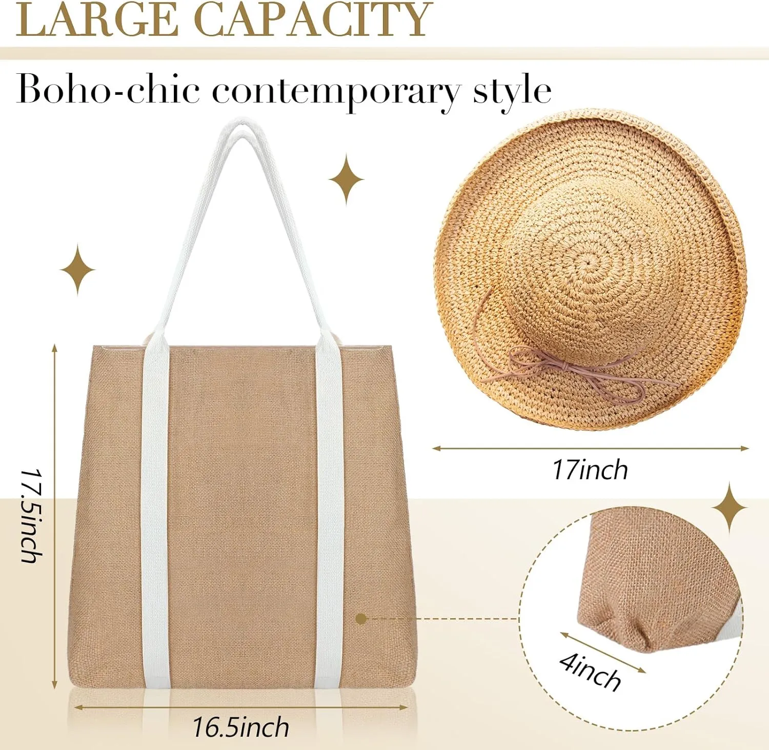 2 Pcs Large Beach Tote Bag Travel Tote Hat Bag for Women with Sun Hat Holder Strap Boho Summer Beach