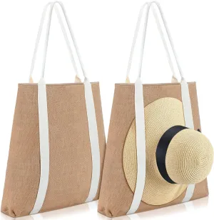 2 Pcs Large Beach Tote Bag Travel Tote Hat Bag for Women with Sun Hat Holder Strap Boho Summer Beach