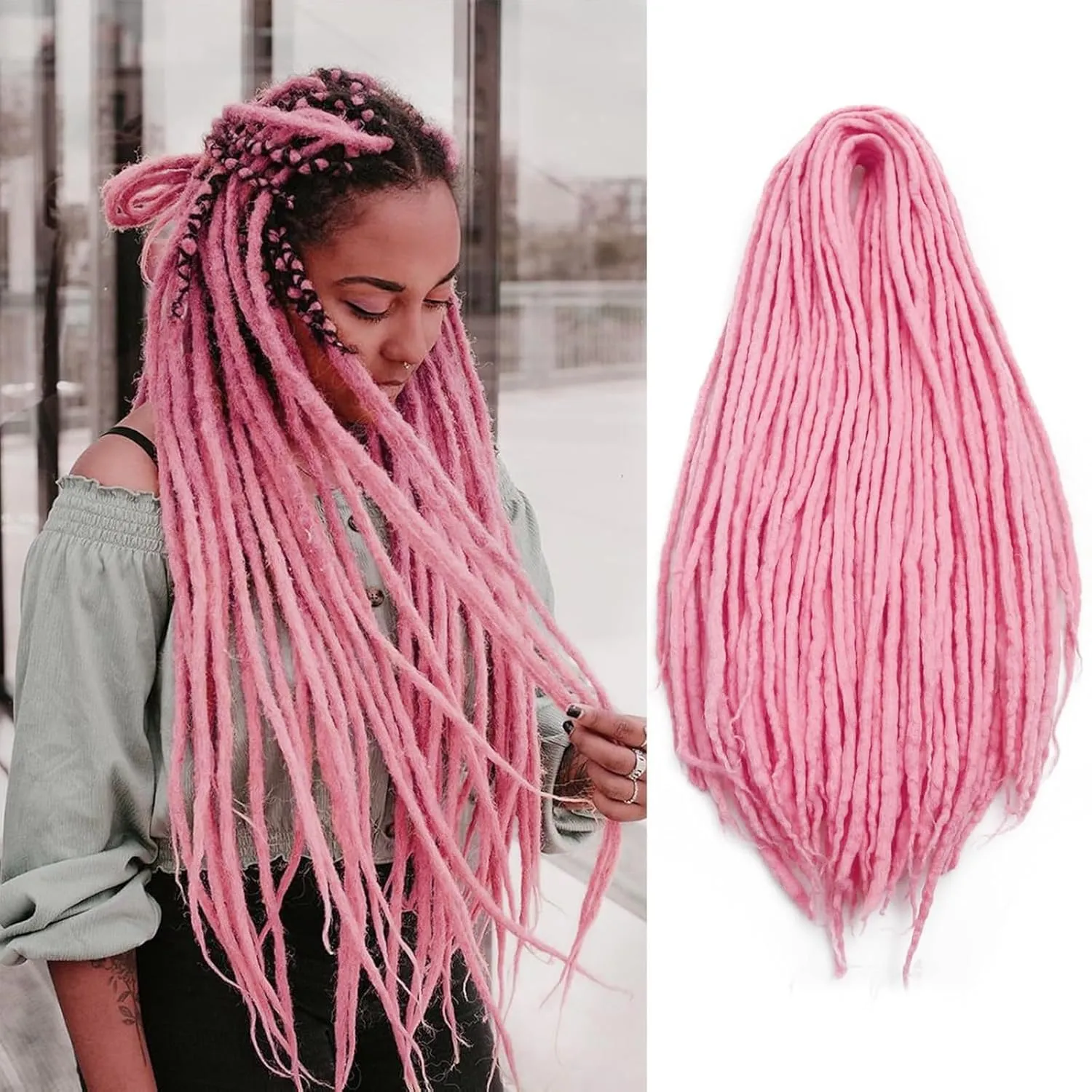 20 Inch Light Pink Wool Dreadlock Extensions Double Ended 20 Strands 0.6cm Wool Dreadlocks for Women Soft&Lightweight Double Ended Wool Dreads Stylish & Durable Dreads Extensions