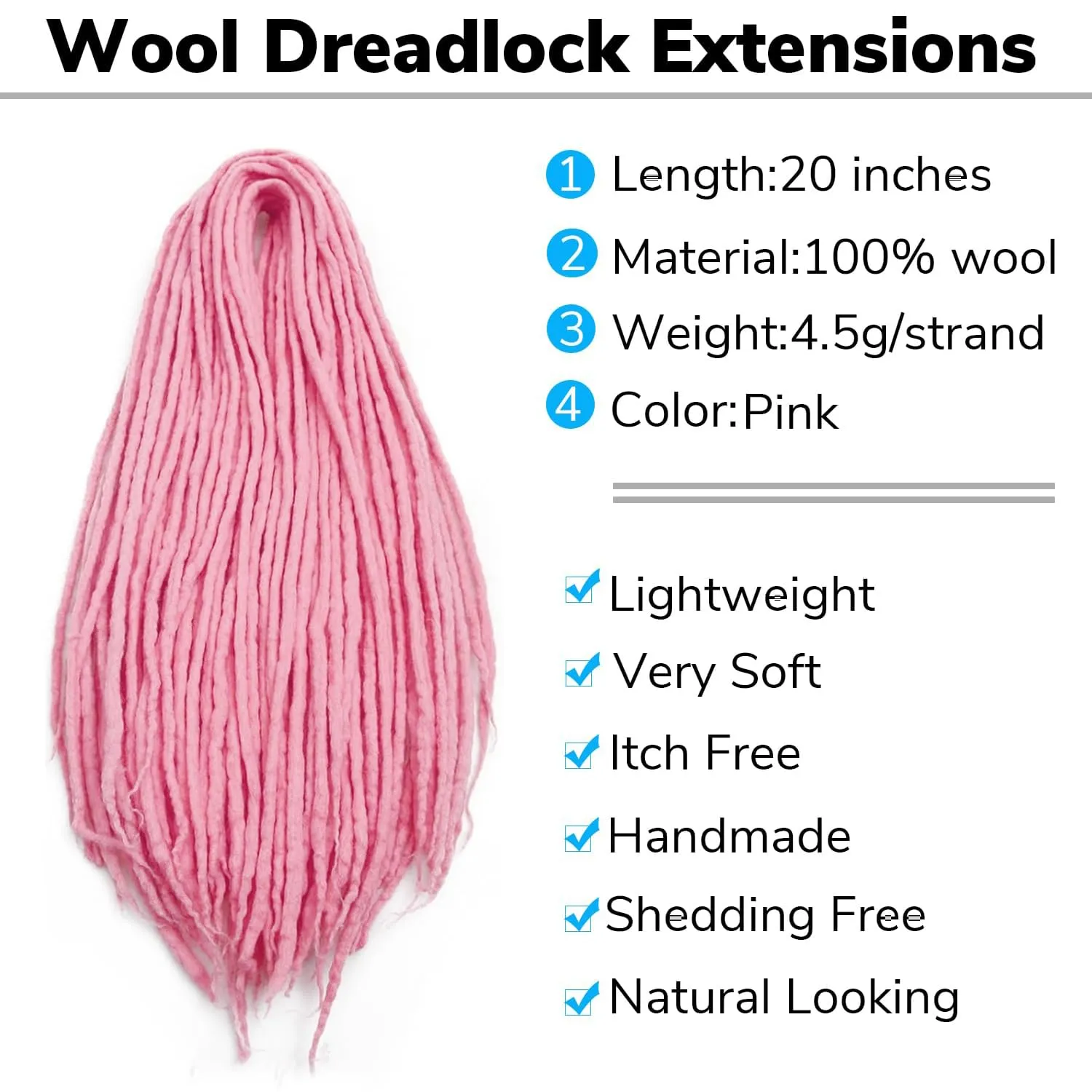20 Inch Light Pink Wool Dreadlock Extensions Double Ended 20 Strands 0.6cm Wool Dreadlocks for Women Soft&Lightweight Double Ended Wool Dreads Stylish & Durable Dreads Extensions