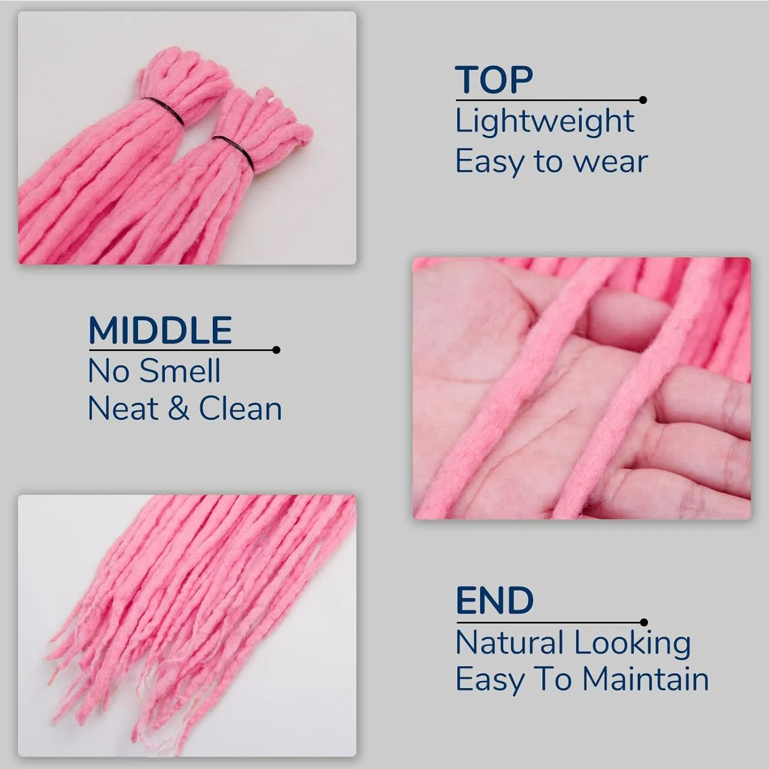 20 Inch Light Pink Wool Dreadlock Extensions Double Ended 20 Strands 0.6cm Wool Dreadlocks for Women Soft&Lightweight Double Ended Wool Dreads Stylish & Durable Dreads Extensions