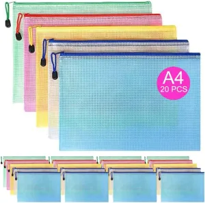 20 Pcs A4 Mesh Zipper Pouches, 13.2"x 9.2" Waterproof Zipper Bags,Durable Letter Size File Bags,for School Office Classroom Organization, Board Game and Puzzles Organizing Storage,5 Colors