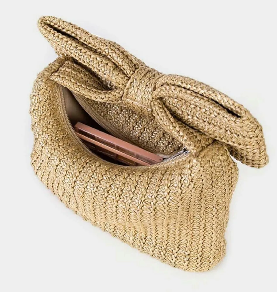 2025 Woven Bow Straw Clutch – Women's Colorful Boho Handbag, Chic & Versatile Summer Purse