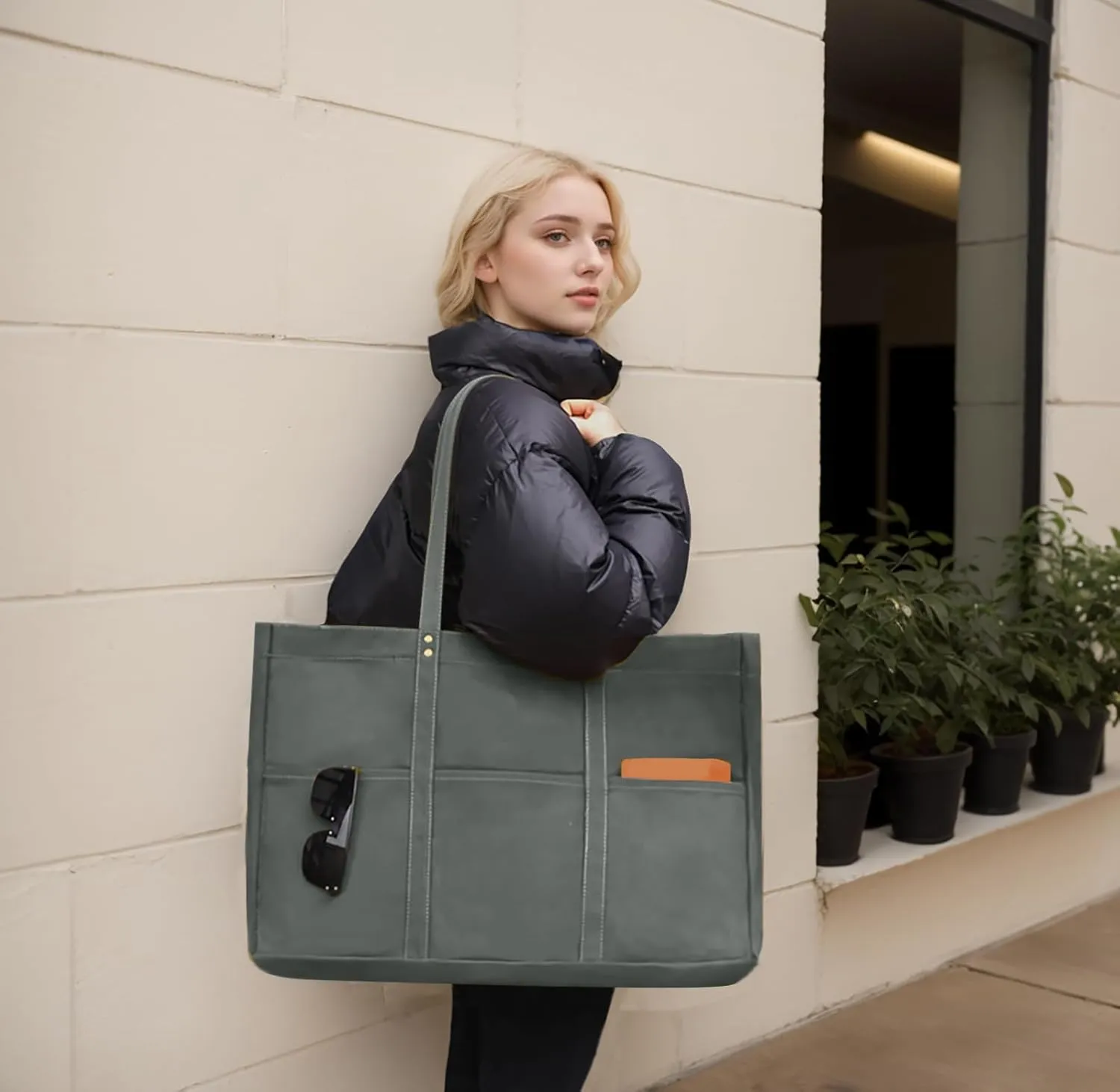 21.6" Large Canvas Tote Bag for Women with Multi-pockets and Laptop Sleeve Utility Tote Bag Big Everything Bags