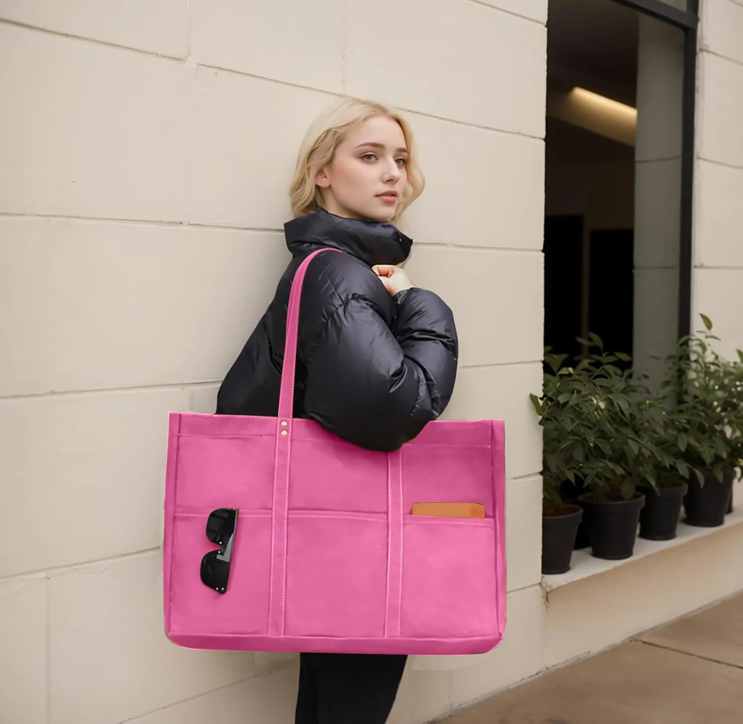 21.6" Large Canvas Tote Bag for Women with Multi-pockets and Laptop Sleeve Utility Tote Bag Big Everything Bags