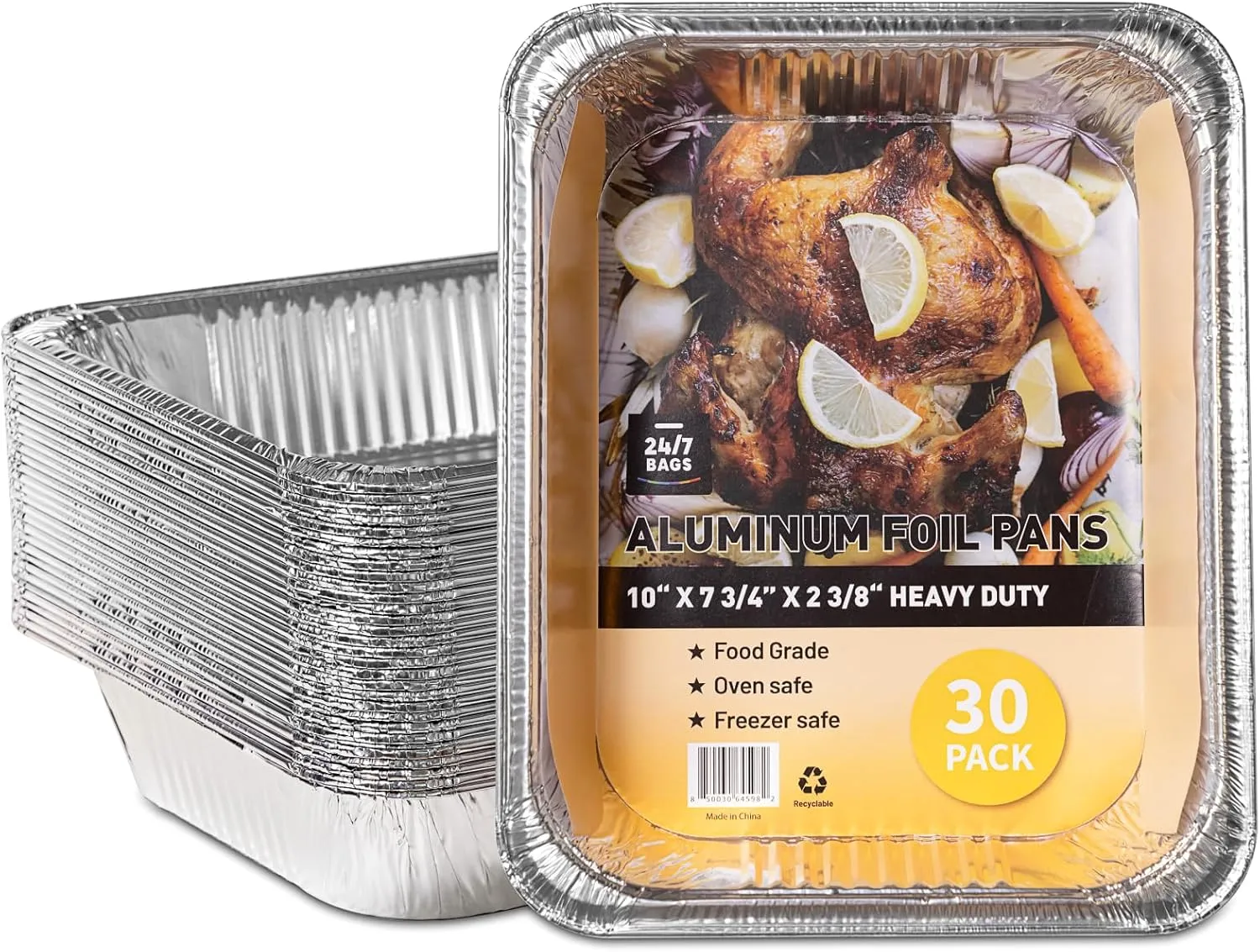 24/7 BAGS 30 Count Aluminum Foil Pans, Heavy Duty, 10"x7.75"x2.4", Food Grade, Disposable, Baking, Cooking, and Grilling, No Lids