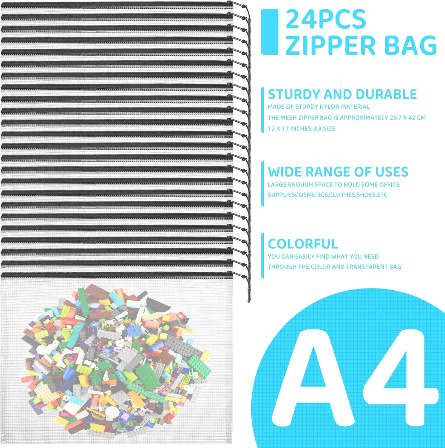 24pcs Mesh Zipper Pouch Bags, A4 13x9 Inches Reusable Bags Puzzle Storage Organizer Black Multipurpose for Travel Board Games Toys School Office Supplies and Home Classroom Organization
