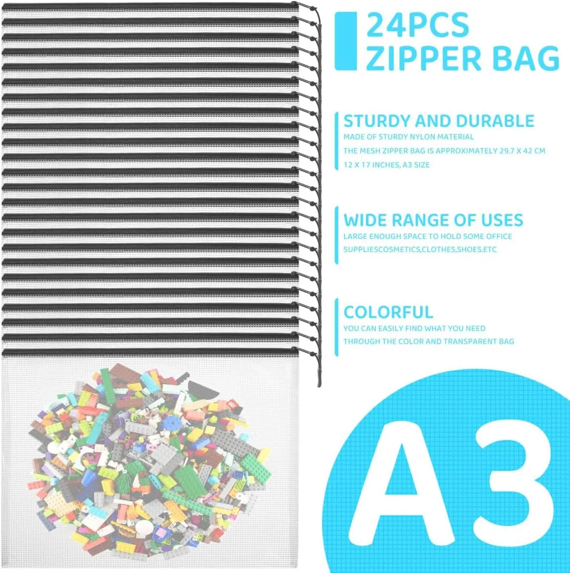 24pcs Mesh Zipper Pouch Bags, Large A3 17x12 Inches Reusable Bags Puzzle Storage Organizer Black Multipurpose for Travel Board Games School Office Supplies and Home Classroom Organization