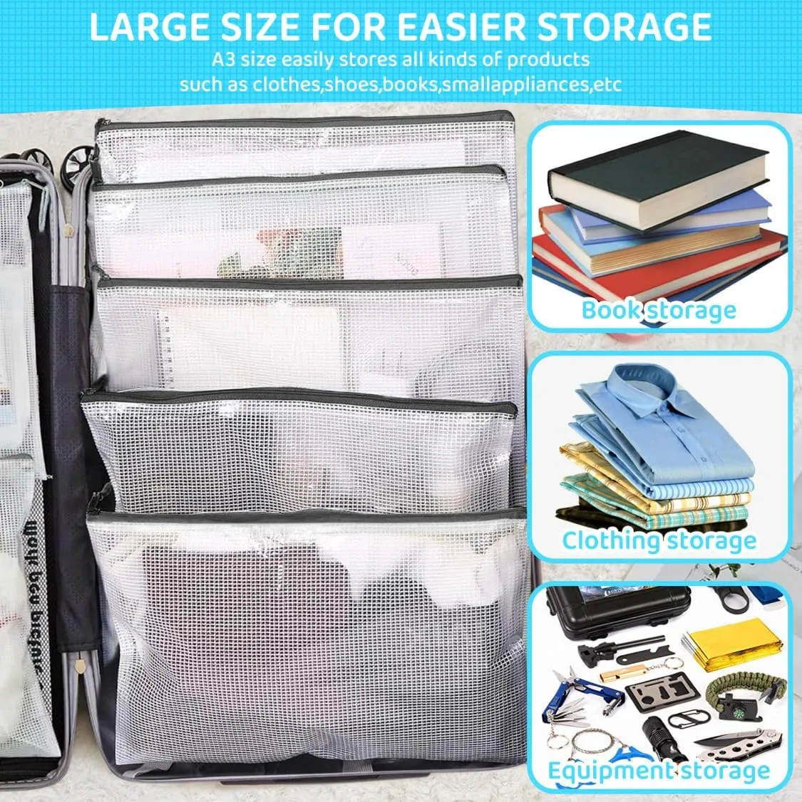 24pcs Mesh Zipper Pouch Bags, Large A3 17x12 Inches Reusable Bags Puzzle Storage Organizer Black Multipurpose for Travel Board Games School Office Supplies and Home Classroom Organization