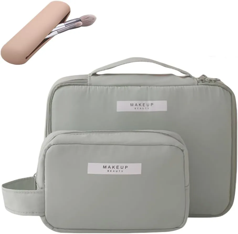 3 Pack Kawaii Cute Makeup Bag Aesthetic Travel Cosmetic Bag Organizer Toiletry Pouch Handbag Brush Holder for Women Teen Girls (Matcha Green, 3 Pack)