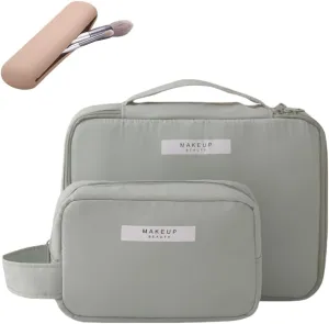 3 Pack Kawaii Cute Makeup Bag Aesthetic Travel Cosmetic Bag Organizer Toiletry Pouch Handbag Brush Holder for Women Teen Girls (Matcha Green, 3 Pack)
