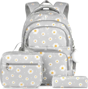 3 PCS Daisy Prints Backpack Set for Girls with Lunch box & Pencil Pouch for Teen Laptop Backpack for Women, Bookbag for Elementary Primary Middle Travel Daypack