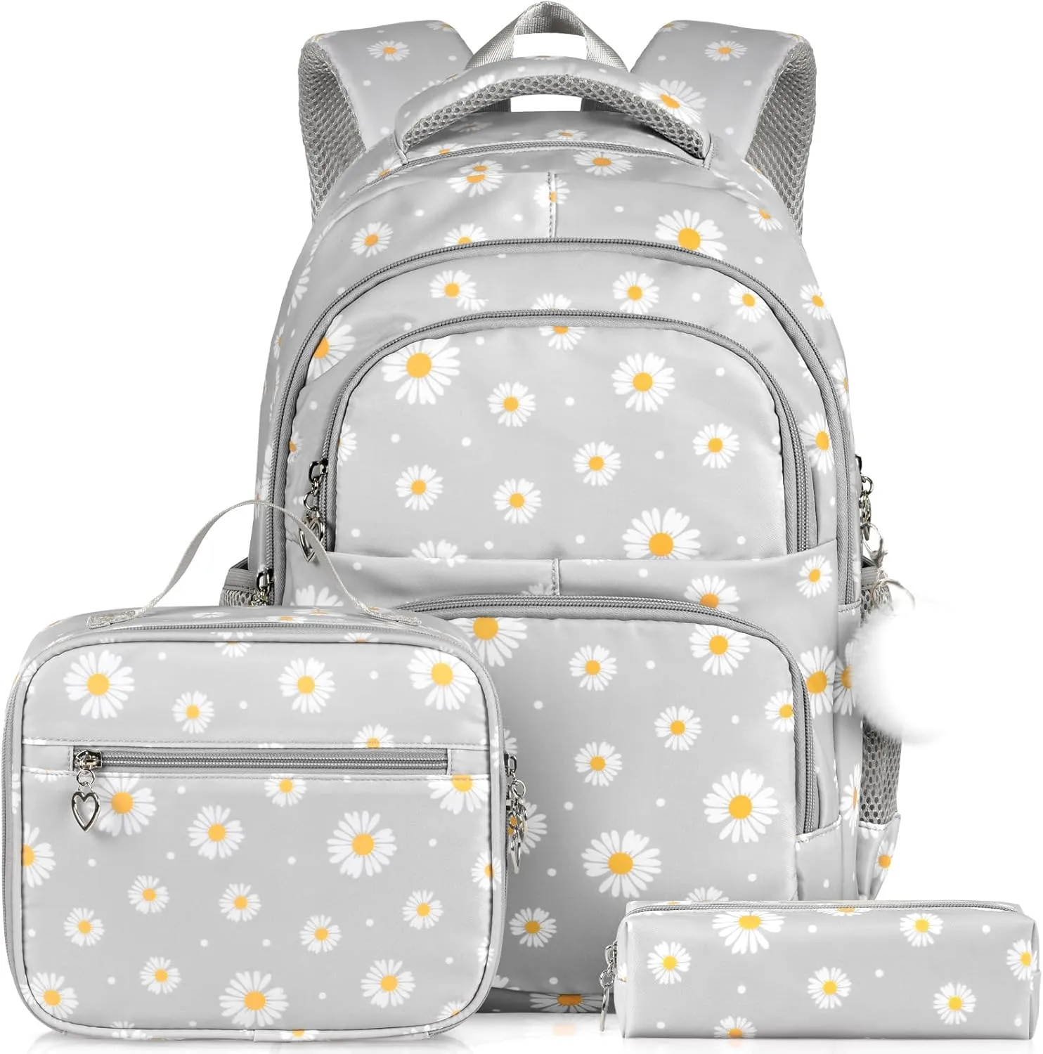 3 PCS Daisy Prints Backpack Set for Girls with Lunch box & Pencil Pouch for Teen Laptop Backpack for Women, Bookbag for Elementary Primary Middle Travel Daypack