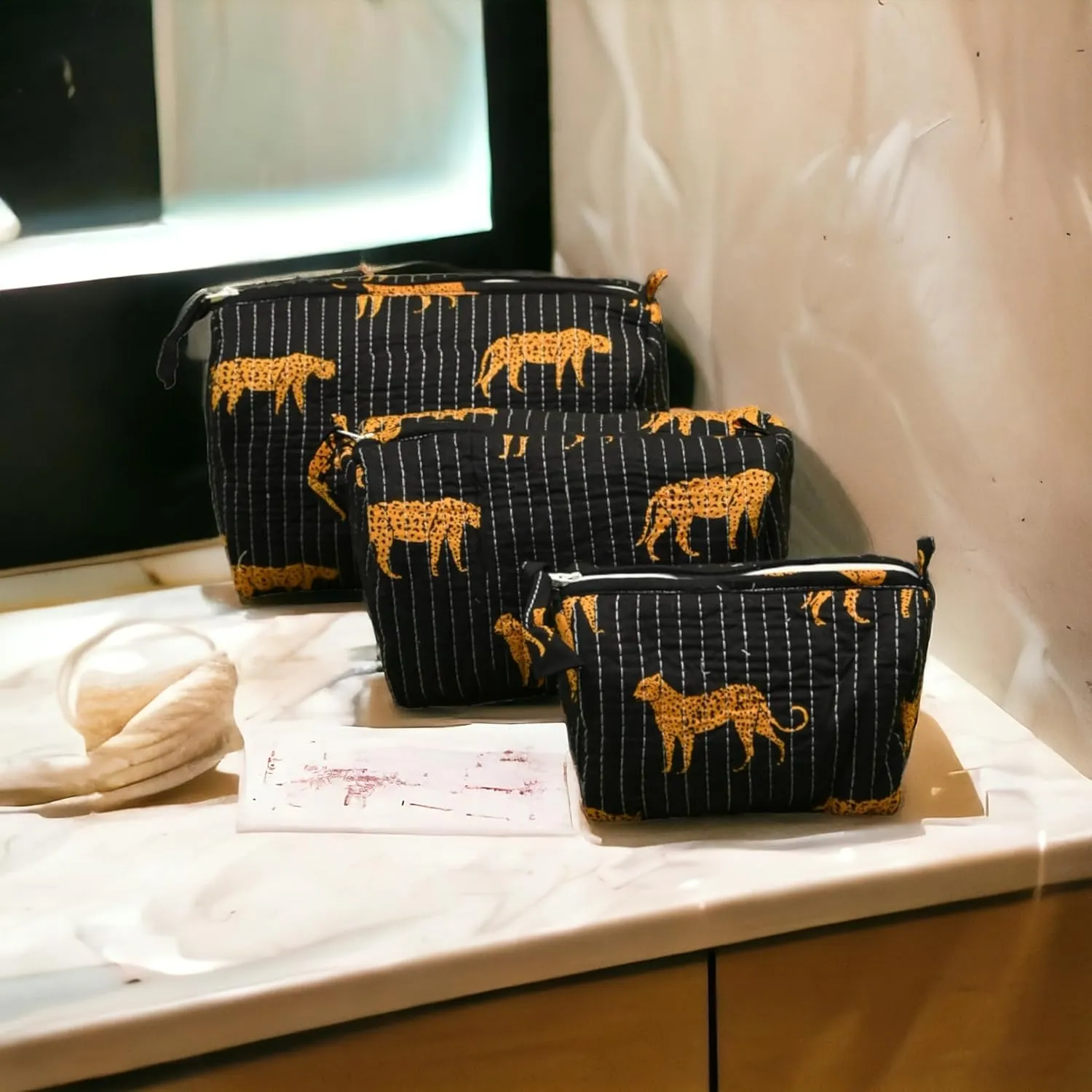 3 Pieces Block Printed Travel Organizer Kit Storage Bag for Women Makeup Bag Travel Cosmetic Bag (DESIGN 16)